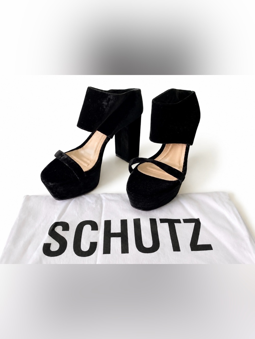 SCHUTZ Black Velvet Platform Sandals Block Heel Open Toe EU 37 w Ankle Cuff